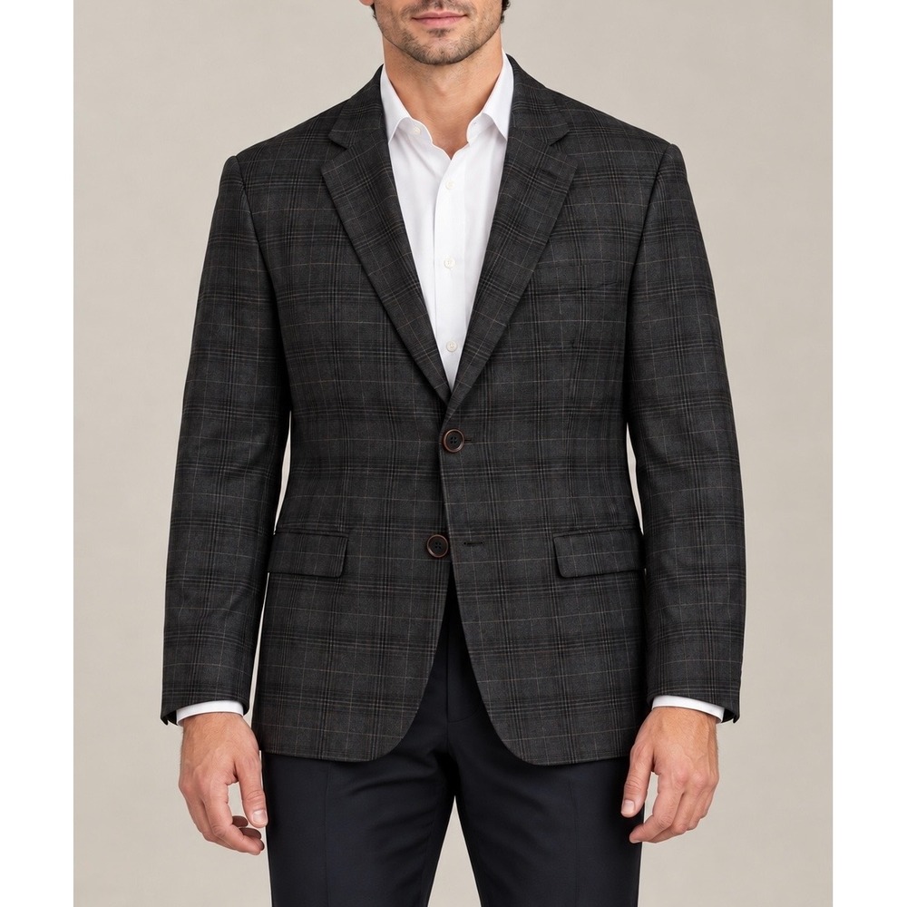 Hart Schaffner Marx Sport Coat Blazer 100% Wool Plaid Charcoal Gray 48R